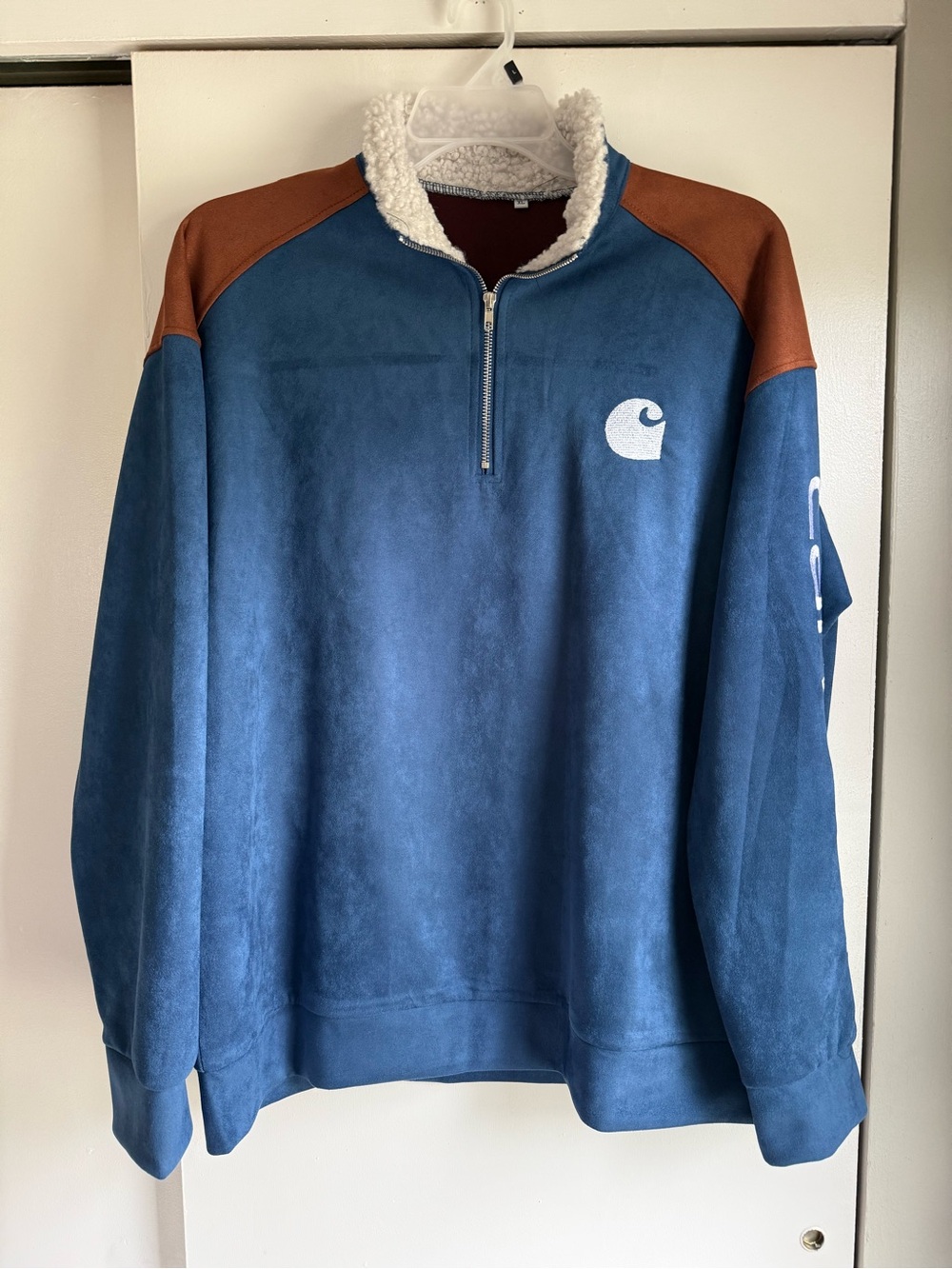 Blue Zip-Up Sweater with Brown Shoulder Panels and White Sherpa Collar